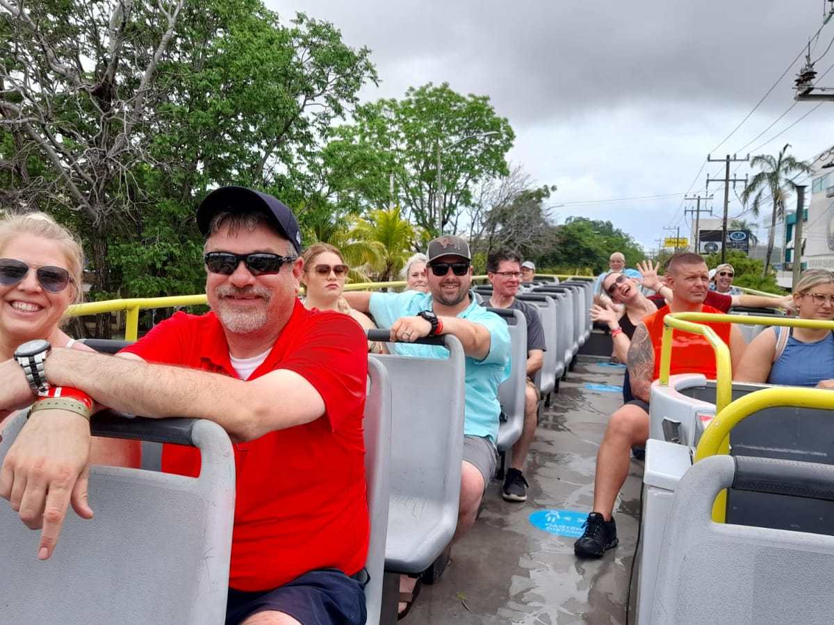 a group of people on a bus